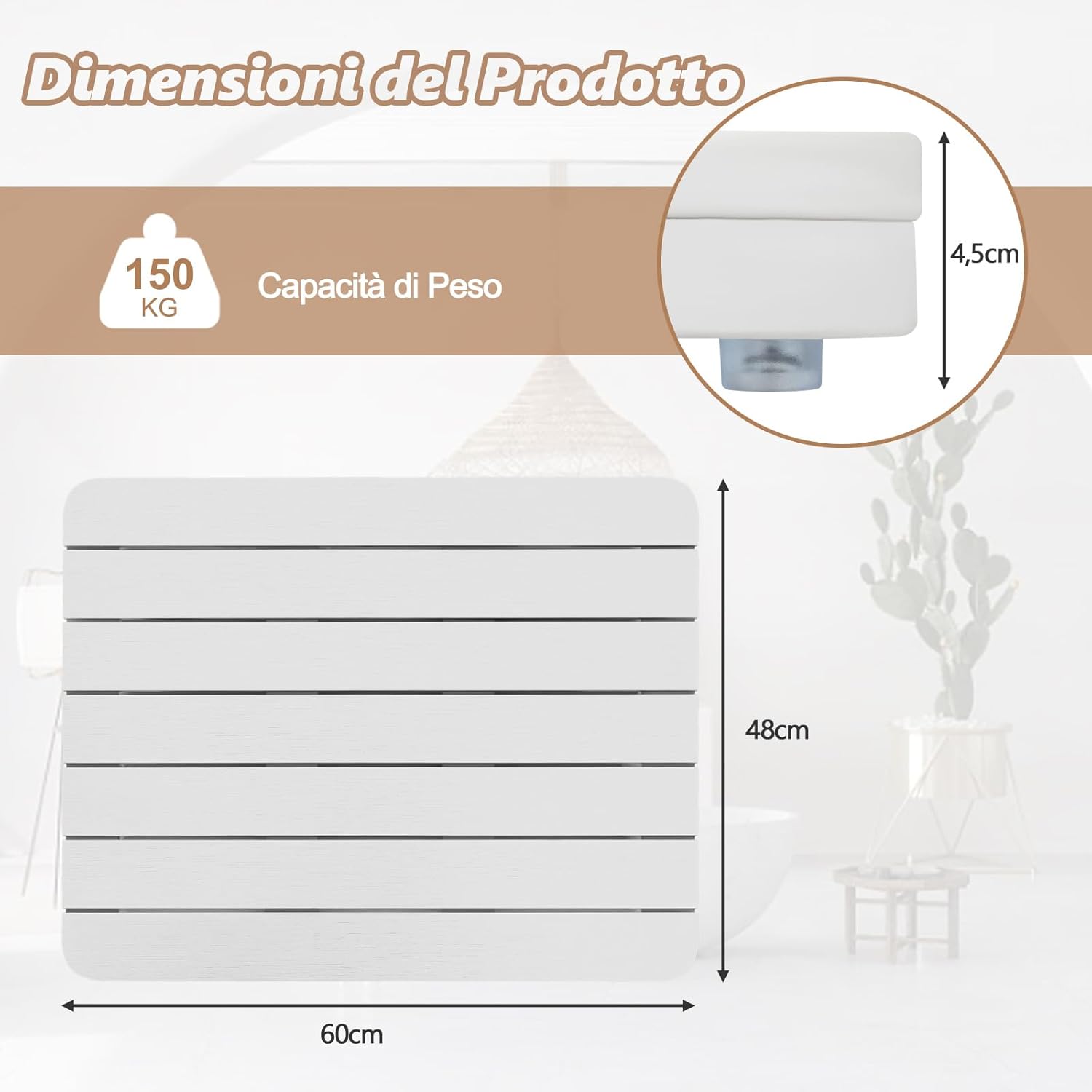 Tappetino Antiscivolo per Doccia, Tappetino da Doccia Impermeabile per Bagno, Piedini Antiscivolo per Vasca Piscina Spa, per Uso Interno ed Esterno (60 cm x 48 cm, Bianco)