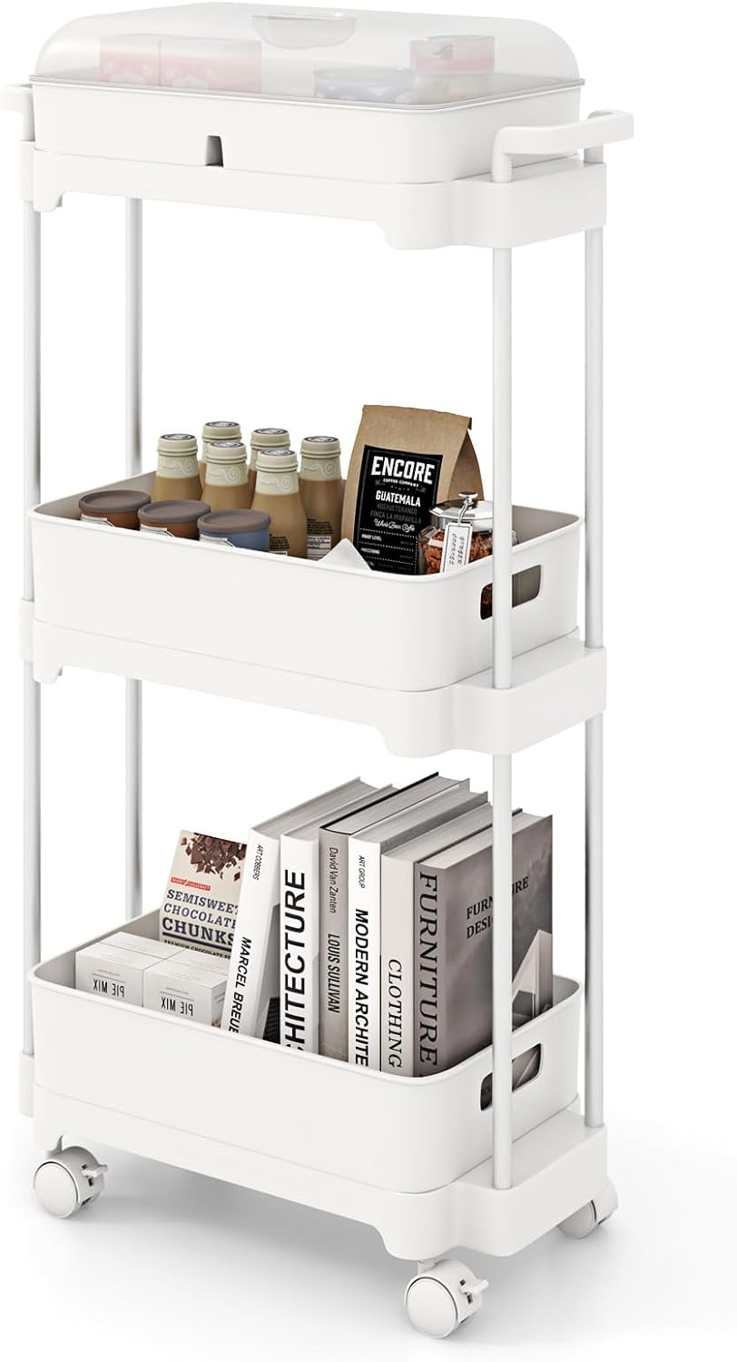 Carrello a 3 Livelli con Ruote Bloccabili, Carrello di Stoccaggio con Coperchio e Scaffali Rimovibili, Struttura in Lega di Alluminio, per Soggiorno Cucina Ufficio, 46x21x82 cm