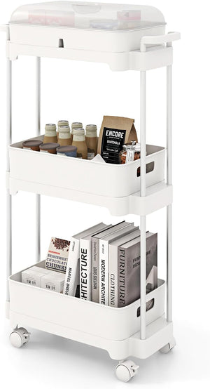Carrello a 3 Livelli con Ruote Bloccabili, Carrello di Stoccaggio con Coperchio e Scaffali Rimovibili, Struttura in Lega di Alluminio, per Soggiorno Cucina Ufficio, 46x21x82 cm