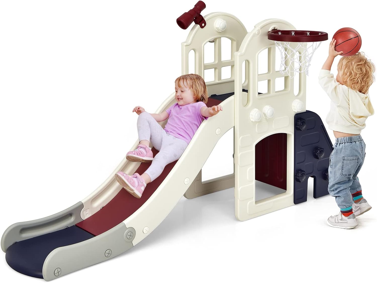 Scivolo per Bambini 6 in 1, Set da Gioco per Bambini con Canestro, Palla, Lancio dell'Anello e Cannocchiale, Ideale per Interni ed Esterni per Ragazzi e Ragazze, 189,5 x 83 x 98 cm (Blu)