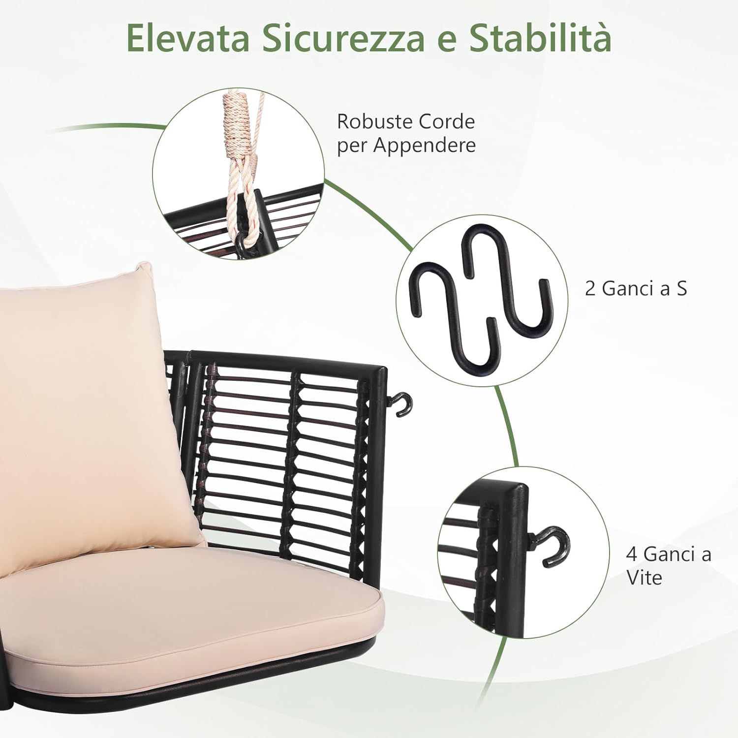 Altalena da Giardino in Rattan PE, Sedia Pensile con Cuscino e Schienale, Altalena per Portico con Telaio Metallico e 2 Corde, Portata 180 KG (Beige)