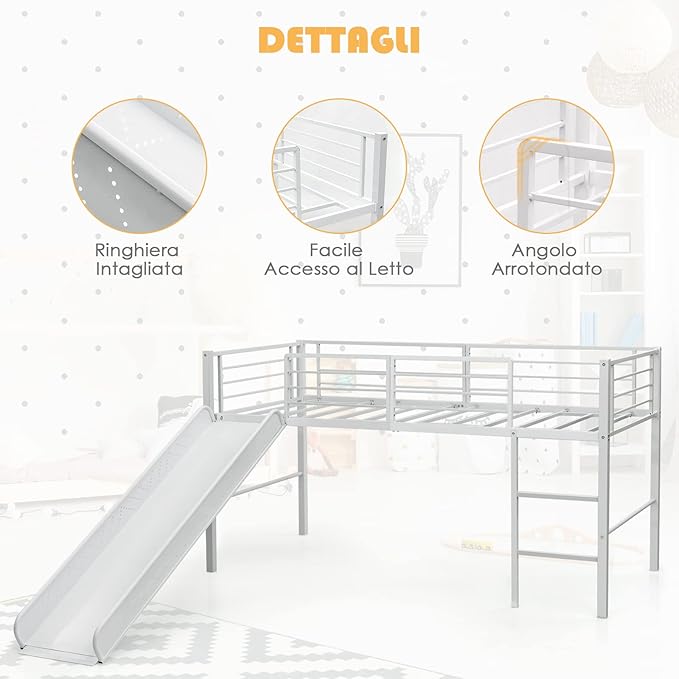 Letto Singolo a Soppalco, Struttura Letto con 4 Barriere di Sicurezza, Scala a 2 Gradini e Scivolo, Mini Struttura del Letto per Bambini, Capacità di Carico 150 kg (Bianco)