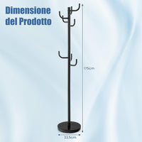 Attaccapanni in Metallo, Attaccapanni da Terra con 8 Ganci Robusti e Base Resistente, per Vestiti Borse Cappelli, 33,5 x 175 cm