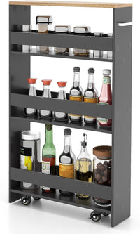 Carrello da Cucina a 4 Ripiani, Carrello in Legno con 4 Ruote Universali, Carrello Scaffale Stretto Salvaspazio con Manico per Bagno, Ufficio e Officina, 47,5 x 20 x 80,5 cm (Grigio)