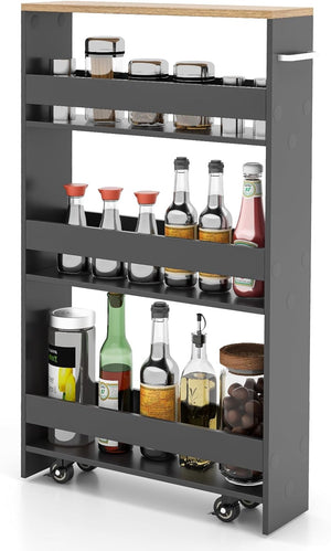 Carrello da Cucina a 4 Ripiani, Carrello in Legno con 4 Ruote Universali, Carrello Scaffale Stretto Salvaspazio con Manico per Bagno, Ufficio e Officina, 47,5 x 20 x 80,5 cm (Grigio)