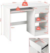 Scrivania con Cassetto, Scrivania per Computer in Legno con Vassoio per Tastiera Estraibile, Supporto per CPU e Ripiani Regolabili, Scrivania Moderna per Studio e Ufficio, Bianco