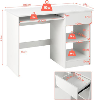 Scrivania con Cassetto, Scrivania per Computer in Legno con Vassoio per Tastiera Estraibile, Supporto per CPU e Ripiani Regolabili, Scrivania Moderna per Studio e Ufficio, Bianco