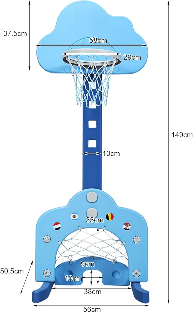 Basket per Bambini Centro attività Multifunzione - Palla Canestro, Calcio e Golf, Mazza da Golf e Palle incluese, per Bambini, Altezza Regolabile (Nuvola Azzurra)