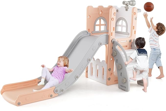 6 in 1 Scivolo per Bambini, Set da Gioco a Forma di L con Canestro da Basket e Telescopio, Spazio di Archiviazione, Scivolo da Interno ed Esterno per 1-3 Anni (Rosa)