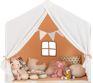 Tenda da Gioco per Bambini, Tenda per Bambini con Finestre Tappetino Lavabile in Cotone e Bandiera, Castello da Gioco per Bambini 3 Anni + (Marrone chiaro)