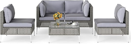 Set di Mobili da Esterno 5 Pezzi, Set da Conversazione in Rattan con Cuscini e Tavolino in Vetro Temperato, Tavolino e 4 Divani per Cortile, Bordo Piscina e Veranda (Modello 4,5 pezzi)