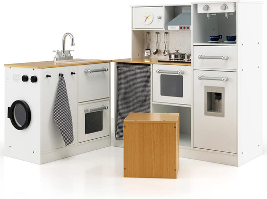 Cucina Giocattolo per Bambini, Cucina Legno per Bambini con Lavatrice, Macchina da Caffè, Forno, Microonde, Lavello e Rubinetto, Funzione Luci e Suoni, per Bambini 3+ Anni