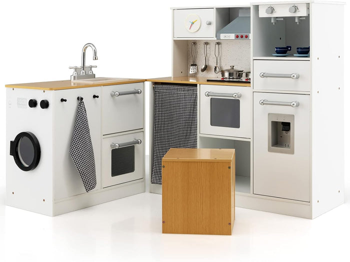 Cucina Giocattolo per Bambini, Cucina Legno per Bambini con Lavatrice, Macchina da Caffè, Forno, Microonde, Lavello e Rubinetto, Funzione Luci e Suoni, per Bambini 3+ Anni
