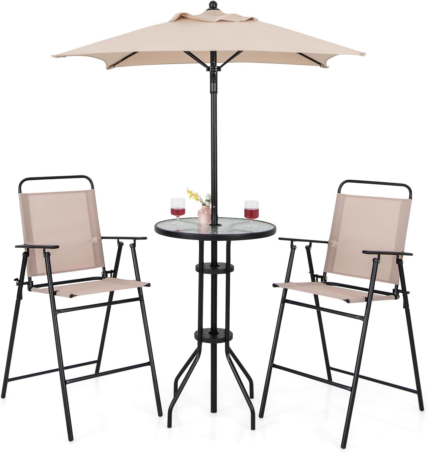 Set Mobili da Giardino 4 Pezzi in Metallo, Tavolo in Vetro e 2 Sedie Pieghevoli, Tavolo da Giardino con Ombrellone e Sedie, per Giardino, Portico, Balcone (Con Ombrello)