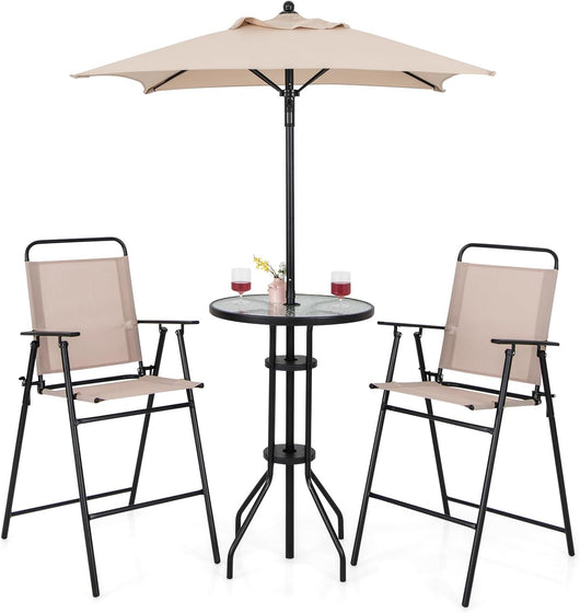 Set Mobili da Giardino 4 Pezzi in Metallo, Tavolo in Vetro e 2 Sedie Pieghevoli, Tavolo da Giardino con Ombrellone e Sedie, per Giardino, Portico, Balcone (Con Ombrello)