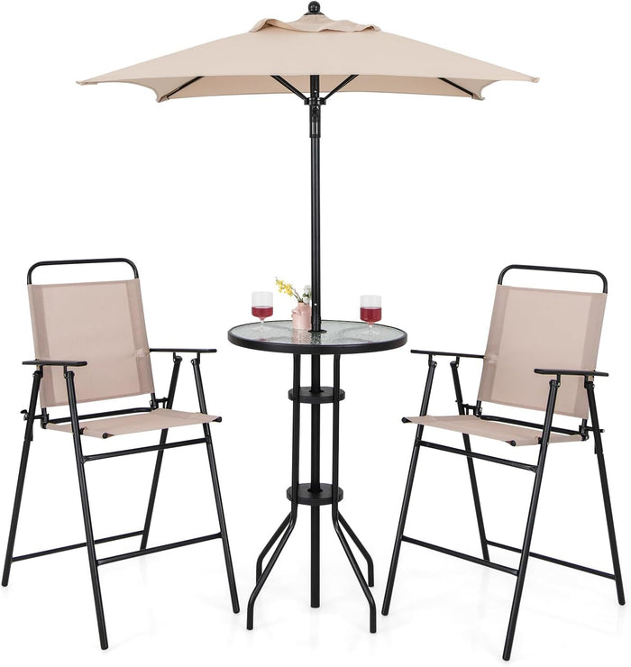 Set Mobili da Giardino 4 Pezzi in Metallo, Tavolo in Vetro e 2 Sedie Pieghevoli, Tavolo da Giardino con Ombrellone e Sedie, per Giardino, Portico, Balcone (Con Ombrello)