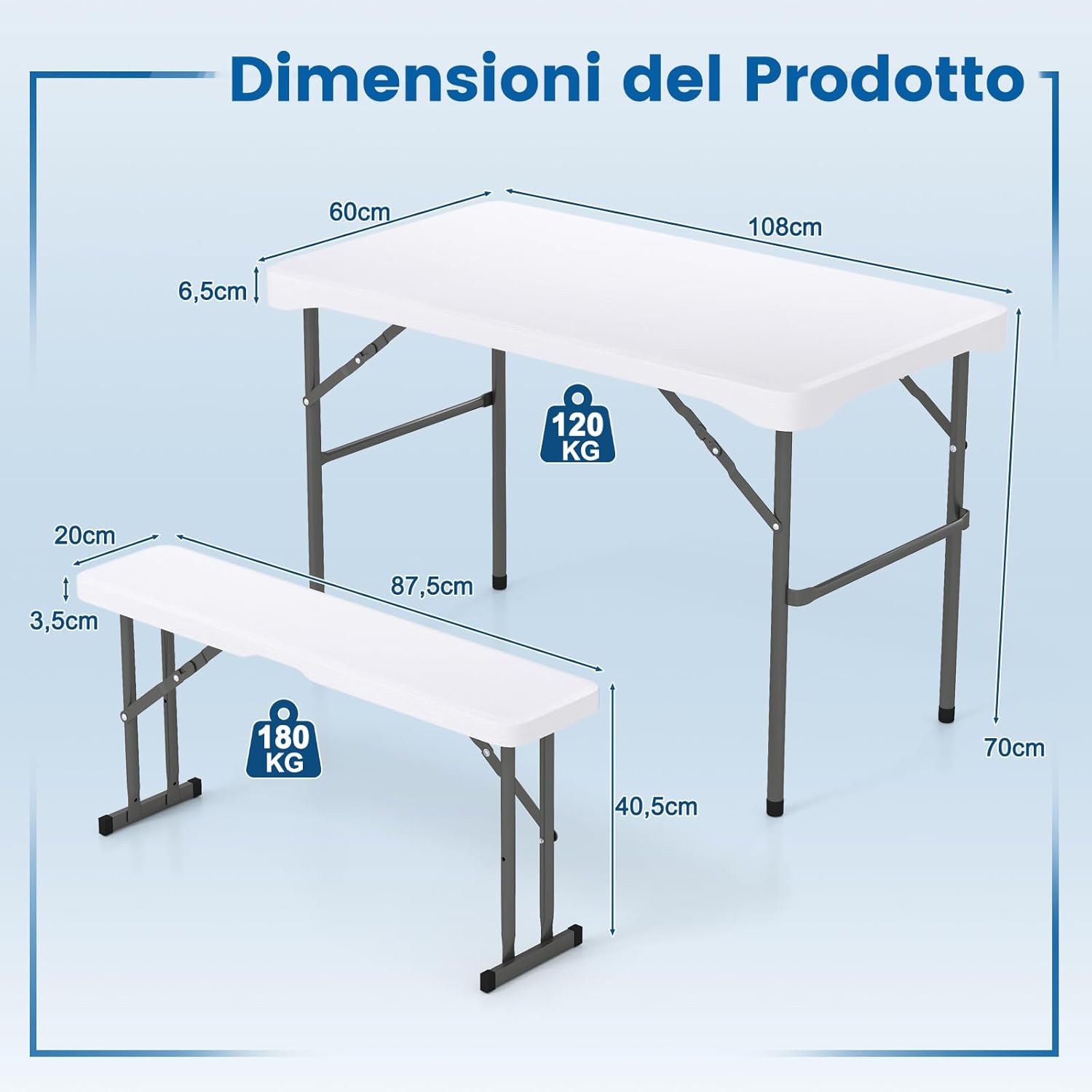 Tavolo e Sedie da Giardino, Set Tavolo da Picnic Pieghevole con 2 Panchine, Piano in HDPE, Struttura in Metallo, Tavolo da Picnic per 4 Persone, 108 x 60 x 70 cm