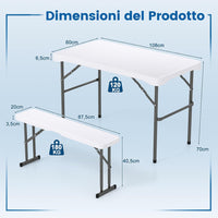 Tavolo e Sedie da Giardino, Set Tavolo da Picnic Pieghevole con 2 Panchine, Piano in HDPE, Struttura in Metallo, Tavolo da Picnic per 4 Persone, 108 x 60 x 70 cm