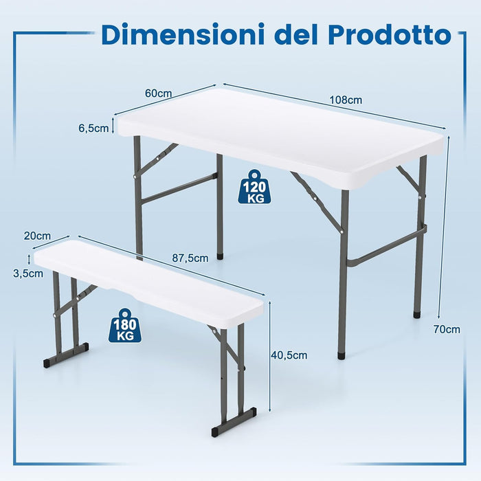 Tavolo e Sedie da Giardino, Set Tavolo da Picnic Pieghevole con 2 Panchine, Piano in HDPE, Struttura in Metallo, Tavolo da Picnic per 4 Persone, 108 x 60 x 70 cm