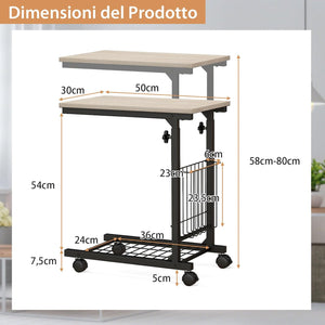 Tavolino da Salotto Moderno, Tavolino Basso Regolabile in Altezza con Ruote e Cestino Portaoggetti, Tavolino Porta PC a Forma di C da Divano e Letto per Soggiorno e Camera da Letto (Naturale)