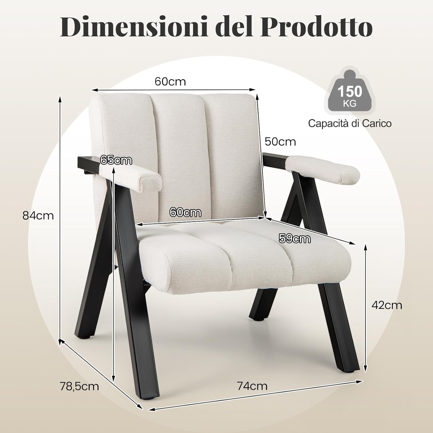 Poltrona da Salotto, Sedia Ergonomica con Struttura in Metallo, Braccioli e 4 Piedini Regolabili, Sofa Imbottita Relax Moderna per Soggiorno e Camera da Letto, Portata 150 kg (Bianco)
