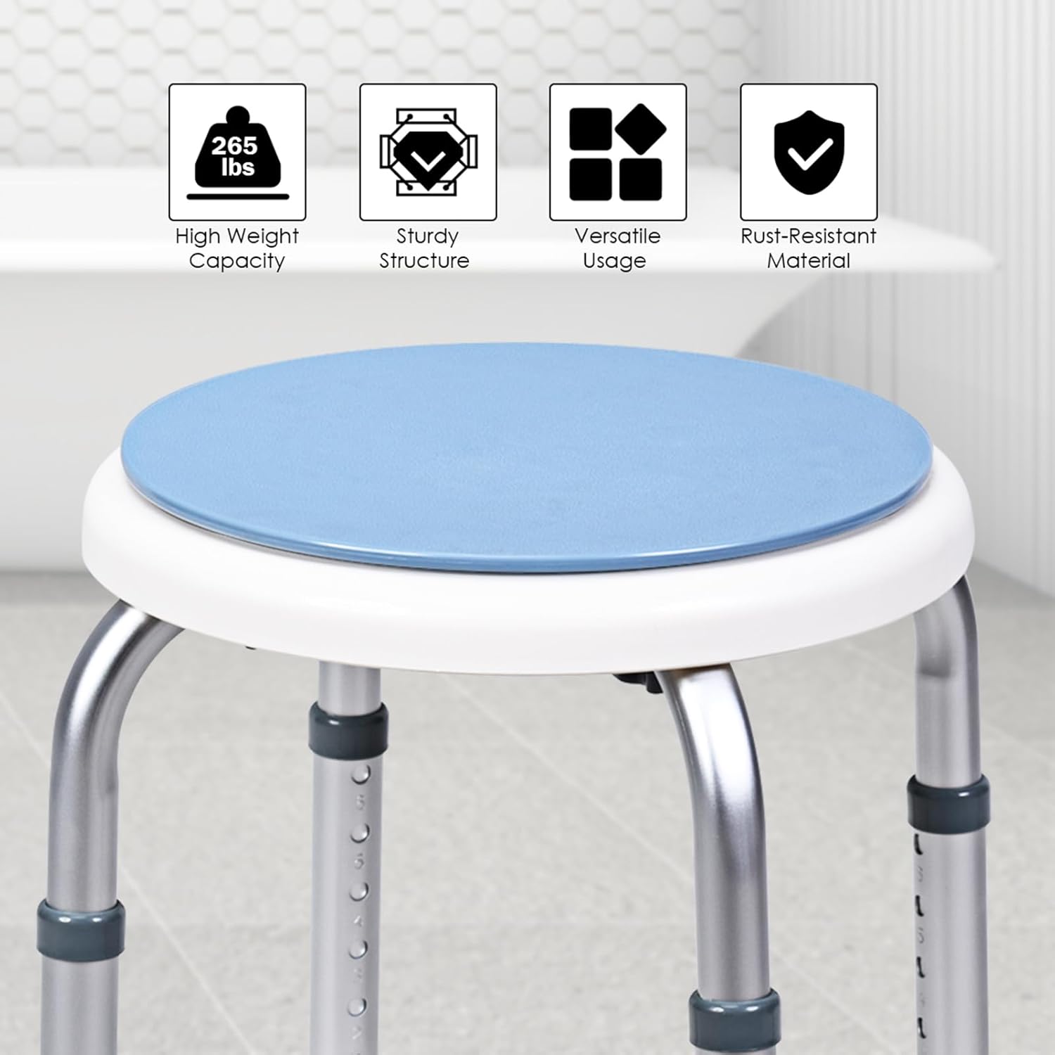 Sgabello per Doccia Girevole a 360°, Regolazione in Altezza, Gambe in Alluminio Resistenti alla Ruggine, Stabile e Antiscivolo, Sedile Comodo per Anziani e Disabili