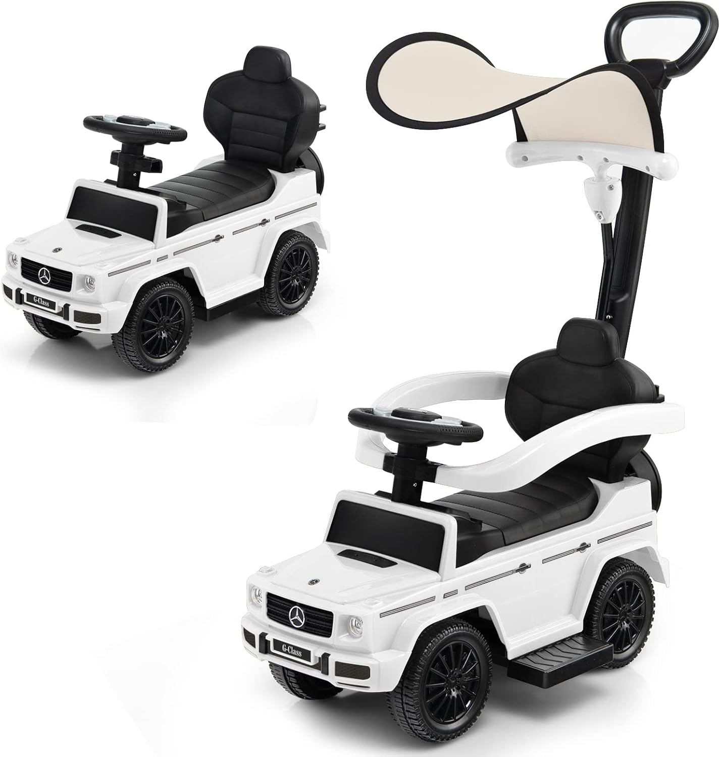Auto a Spinta per Bambini, Macchina Cavalcabile a Spinta con Tettuccio Regolabile Maniglia per Genitori Paracolpi, Ideale per Bambini 12-36 Mesi (Bianco)