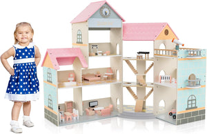 Casa delle Bambole in Legno, Casa delle Bambole a 3 Piani con 41 Mobili e Accessori, per Bambini 3 Anni+, 87 x 32 x 94 cm