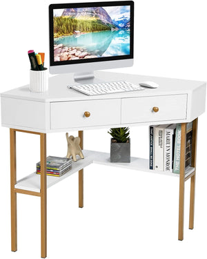 Scrivania Angolare per Computer in Legno, Scrivania Porta PC con 2 Cassetti e Ripiani, Scrivania Salvaspazio e Moderna per Casa e Ufficio, 70,5 x 70,5 x 75 cm (Bianco)