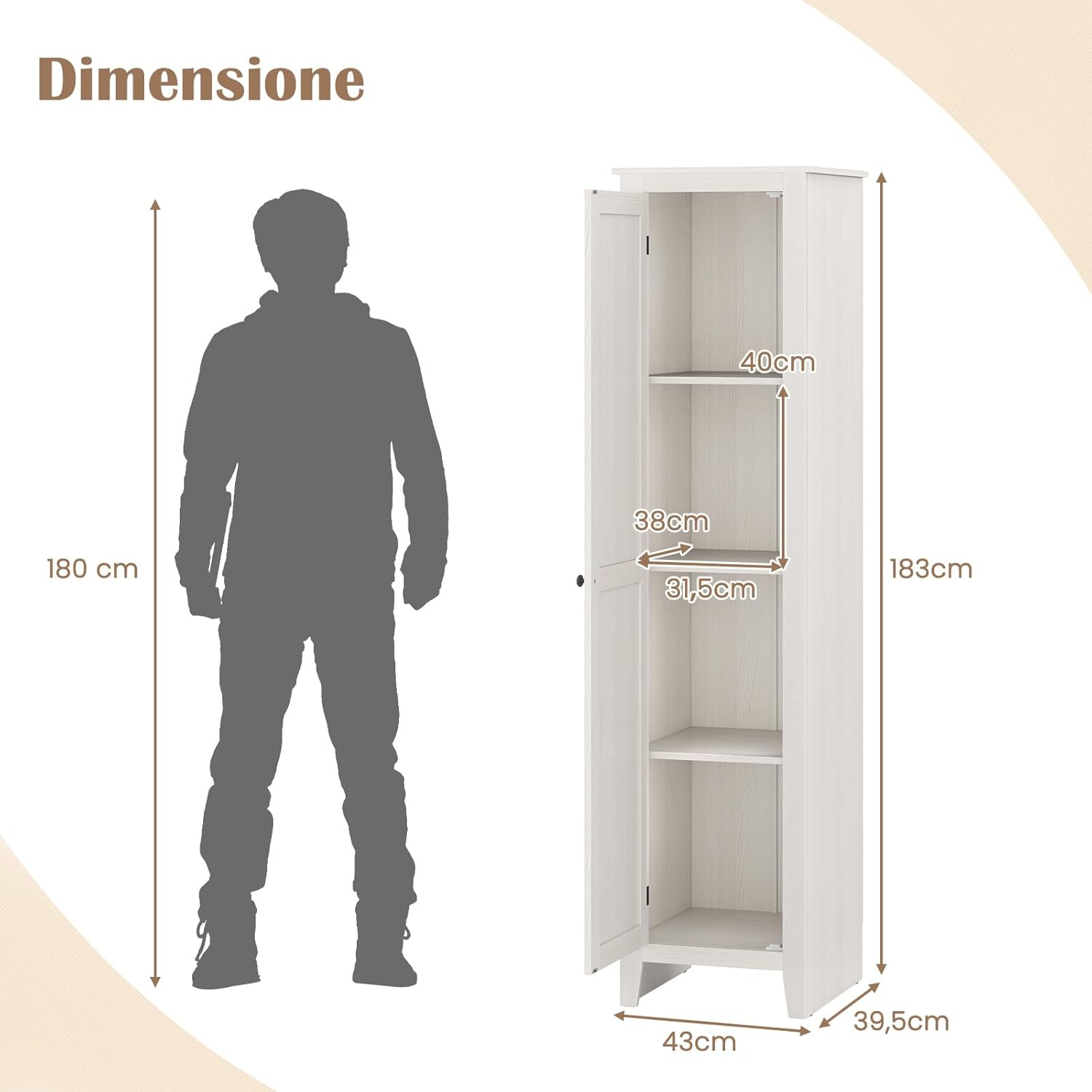 Mobile Bagno 43 x 39,5 x 183 cm, Colonna Bagno con Ante e 4 Ripiani, Armadietto Salvaspazio Alto a Colonna in MDF, per Soggiorno, Cucina e Ufficio (Bianco)