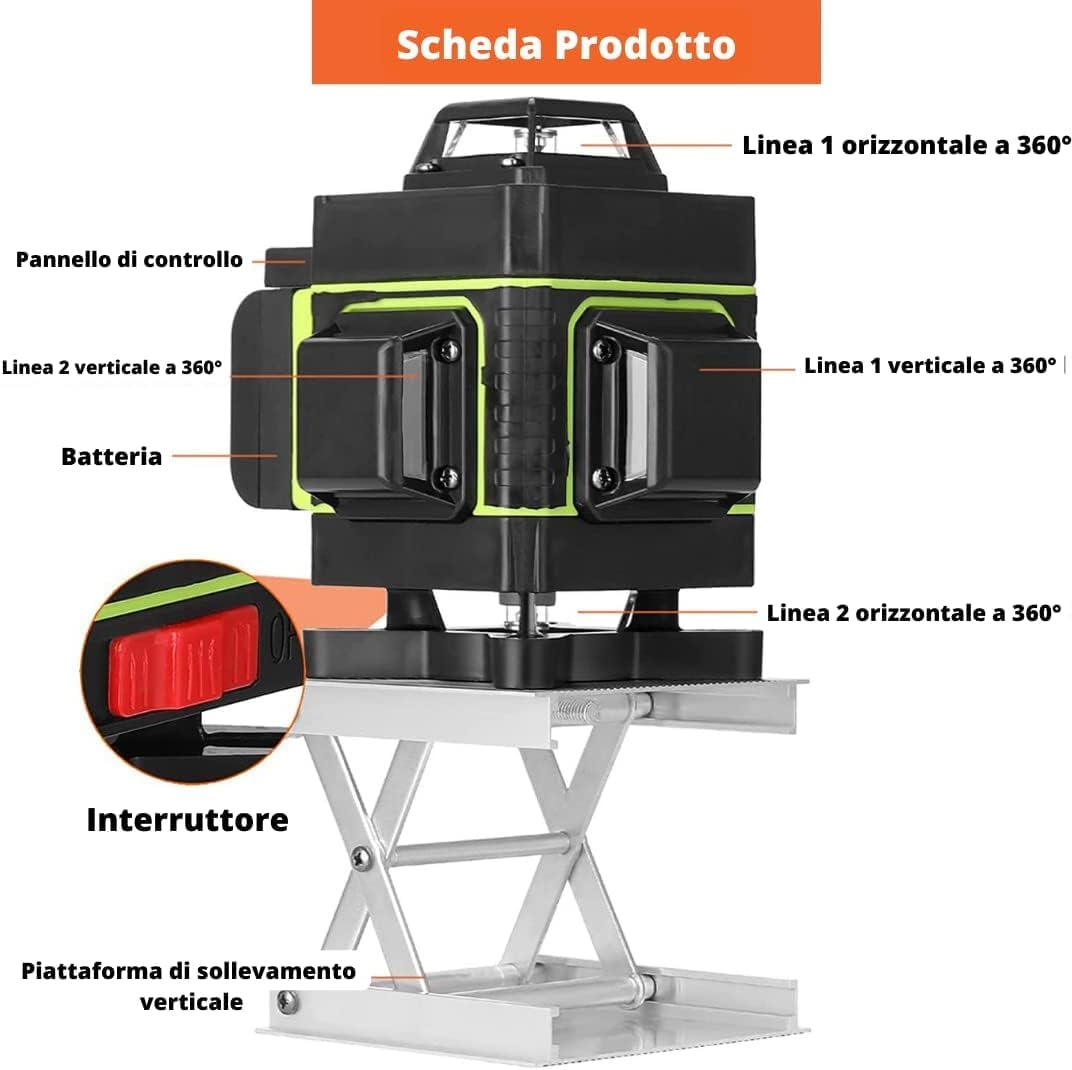 Livella laser Autolivellante 360° 4D, Laser 16 linee Cantiere 3° Batterie e Supporto Rotante,Treppiedi 1.2m