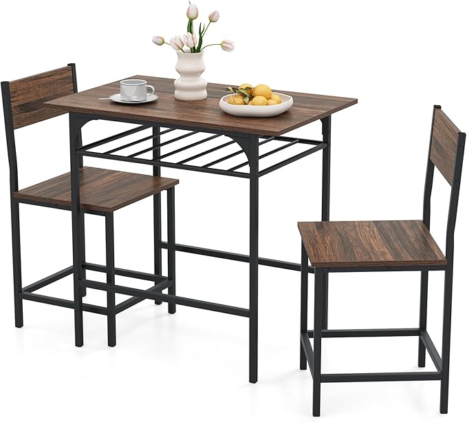 Set da Pranzo per 2 Persone, Set da 3 Pezzi di Tavolo Rettangolare in Legno e Sedie con Struttura in Metallo e Ripiano di Stoccaggio, per Angolo Colazione e Sala da Pranzo (Marrone)