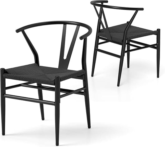 Set di 2 Sedie Sala da Pranzo, Sedie Moderna in Metallo con Seduta Intrecciato, Schienale a Forma di Y e Braccioli, Poltrone per Ufficio, Cucina e Ristorante, 46 x 59 x 73 cm (Nero)