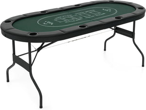 Tavolo da Poker Pieghevole 182 cm per 8 Giocatori, Tavolo da Gioco Ovalo con Supporti per Bicchieri, Rivestimenti Imbottiti, per Blackjack, Texas Hold’em, Giochi da Casinò (Verde)