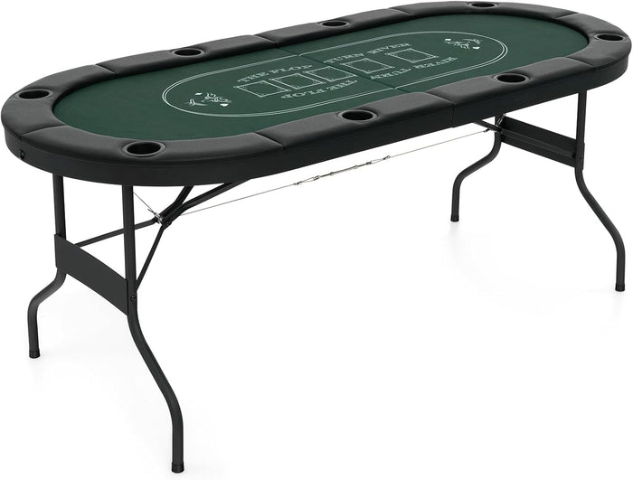 Tavolo da Poker Pieghevole 182 cm per 8 Giocatori, Tavolo da Gioco Ovalo con Supporti per Bicchieri, Rivestimenti Imbottiti, per Blackjack, Texas Hold’em, Giochi da Casinò (Verde)