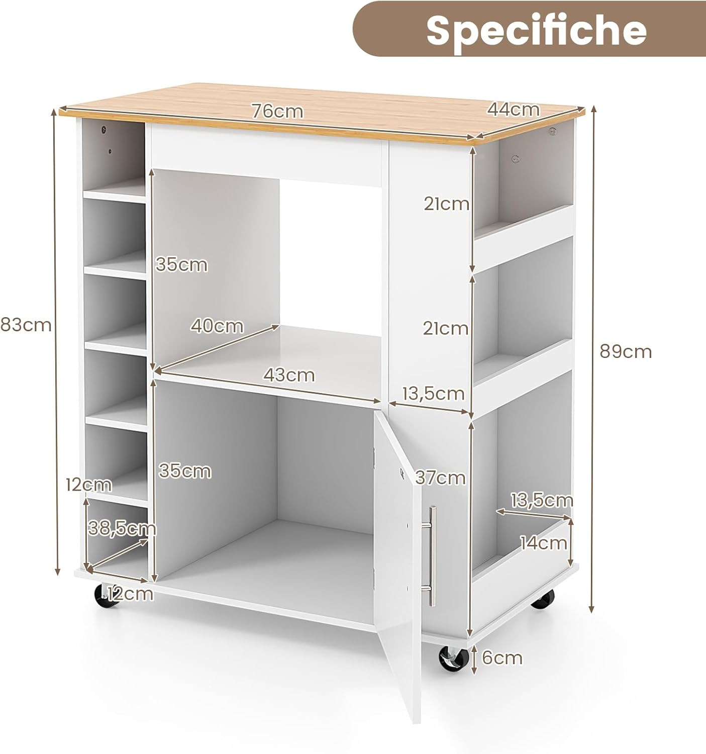Carrello da Cucina con Ruote, Isola da Cucina con Scomparti Portabottiglie a 6 Scomparti, Portaspezie e Portasciugamani, 76x44x89 cm