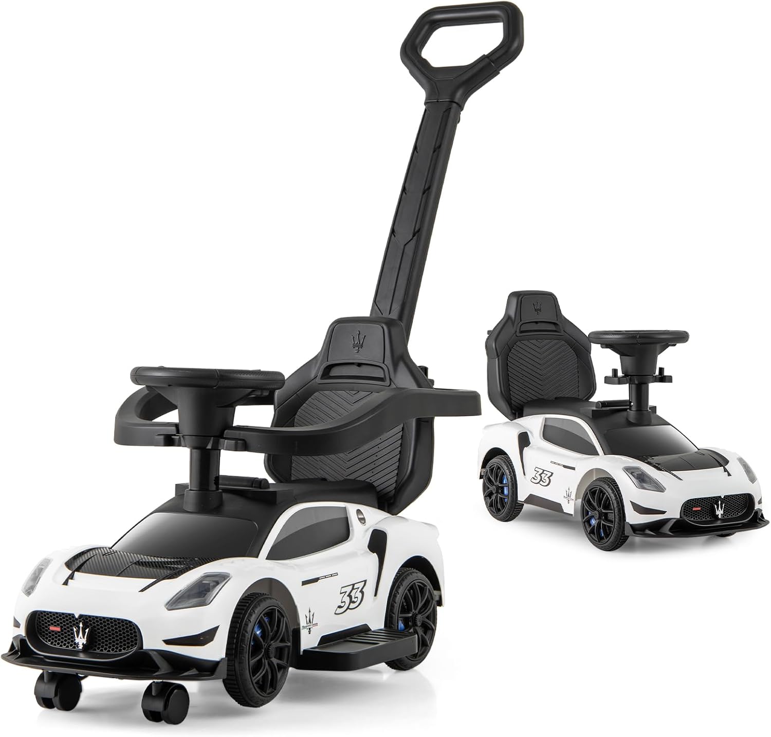 3 in 1 Maserati Auto da Spinta, Auto Scorrevole con 2 Ruote Universali Volante Musicale Paracolpi e Manubrio, Macchina Cavalcabile con Ripostiglio per Bambini 18-60 Mesi (Bianco)