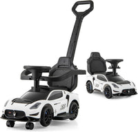 3 in 1 Maserati Auto da Spinta, Auto Scorrevole con 2 Ruote Universali Volante Musicale Paracolpi e Manubrio, Macchina Cavalcabile con Ripostiglio per Bambini 18-60 Mesi (Bianco)