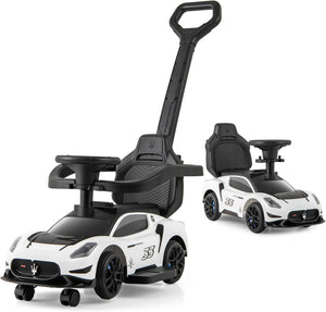 3 in 1 Maserati Auto da Spinta, Auto Scorrevole con 2 Ruote Universali Volante Musicale Paracolpi e Manubrio, Macchina Cavalcabile con Ripostiglio per Bambini 18-60 Mesi (Bianco)
