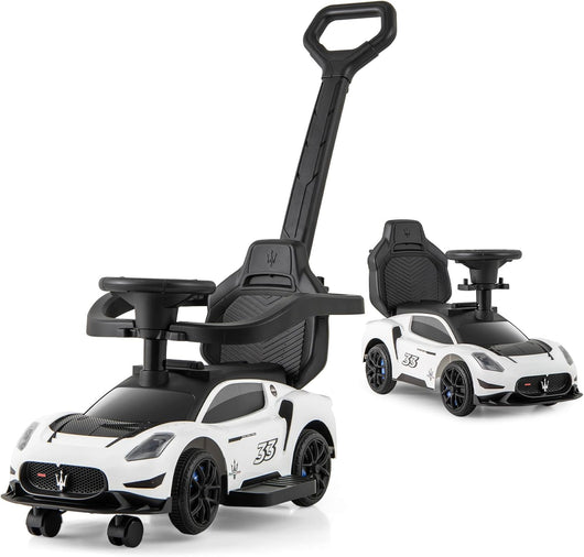 3 in 1 Maserati Auto da Spinta, Auto Scorrevole con 2 Ruote Universali Volante Musicale Paracolpi e Manubrio, Macchina Cavalcabile con Ripostiglio per Bambini 18-60 Mesi (Bianco)
