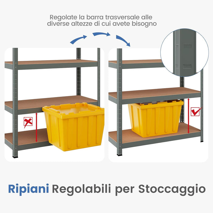 Scaffale con 5 Livelli, Scaffale per Garage Resistente con Altezza Mensole Regolabile, Capacità di Peso Totale 875 kg, Senza Bulloni, Uso Versatile 90x40x180cm (Grigio)