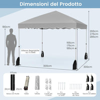 Gazebo Pop-up da Esterno 3 x 3 m, Gazebo Pieghevole con Borsa con Ruote, 8 Picchetti, 4 Ancore, 4 Corde Antivento, 4 Sacchi di Sabbia, Tendone Impermeabile per Eventi Commerciali (Grigio)