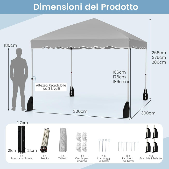 Gazebo Pop-up da Esterno 3 x 3 m, Gazebo Pieghevole con Borsa con Ruote, 8 Picchetti, 4 Ancore, 4 Corde Antivento, 4 Sacchi di Sabbia, Tendone Impermeabile per Eventi Commerciali (Grigio)