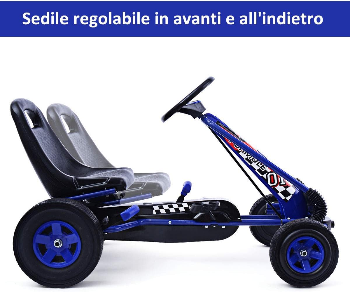 Go Kart a Pedali per Bambini, con Sedile Regolabile e Freno a Mano, Go Kart Veicolo per Bambini 3-8 Anni, Portata Massima 30 kg (Blu)