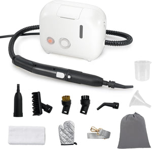 1500W Pulitore a Vapore Portatile, Vaporizzatore Domestico con Serbatoio d'Acqua 1 L (Sostenibile), Tempo Riscaldamento 10s, Macchina per Pulizia a Vapore Multiuso (Bianco)