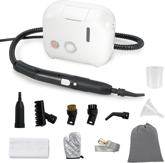 1500W Pulitore a Vapore Portatile, Vaporizzatore Domestico con Serbatoio d'Acqua 1 L (Sostenibile), Tempo Riscaldamento 10s, Macchina per Pulizia a Vapore Multiuso (Bianco)