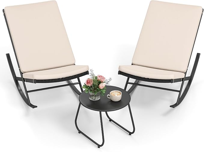 Set 3 Pezzi Sedie a Dondolo, Sedie in Rattan PE con Tavolino in Metallo e Cuscini Spessi, Set di Mobili da Giardino per Balcone e Bordo Piscina