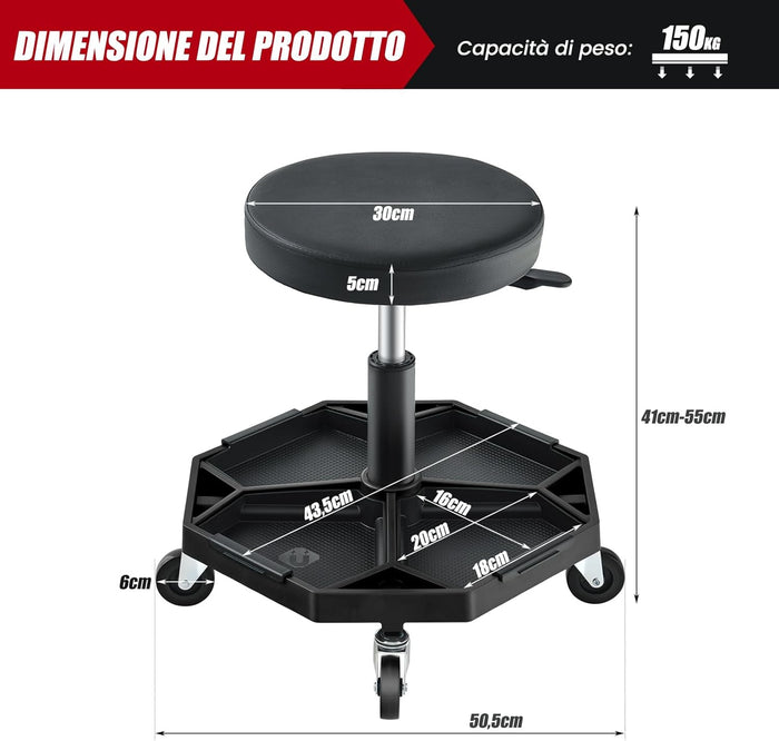 Sgabello da Officina con Ruote, con Ripiano per Attrezzi e Viti, Portata di 150 kg, Altezza Regolabile e Girevole, Sedia Meccanico per Garage, Officina (Nero)