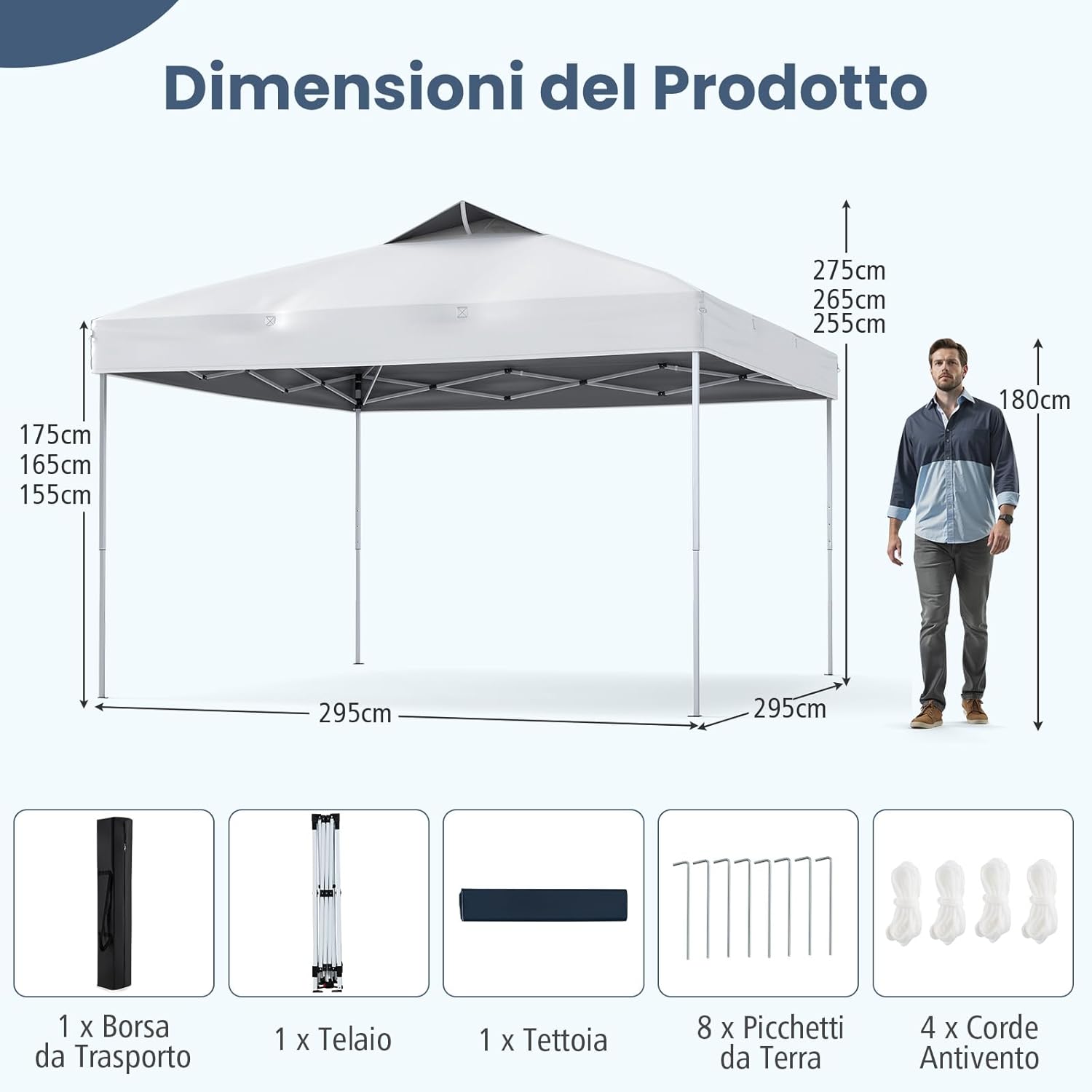 Gazebo Pop-up da 295 x 295 cm, Gazebo da Giardino Impermeabile con Blocco Centrale, Borsa da Trasporto Portatile, Corde Antivento, Picchetti, Tenda Regolabile in Altezza per Feste (Bianco)