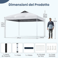 Gazebo Pop-up da 295 x 295 cm, Gazebo da Giardino Impermeabile con Blocco Centrale, Borsa da Trasporto Portatile, Corde Antivento, Picchetti, Tenda Regolabile in Altezza per Feste (Bianco)